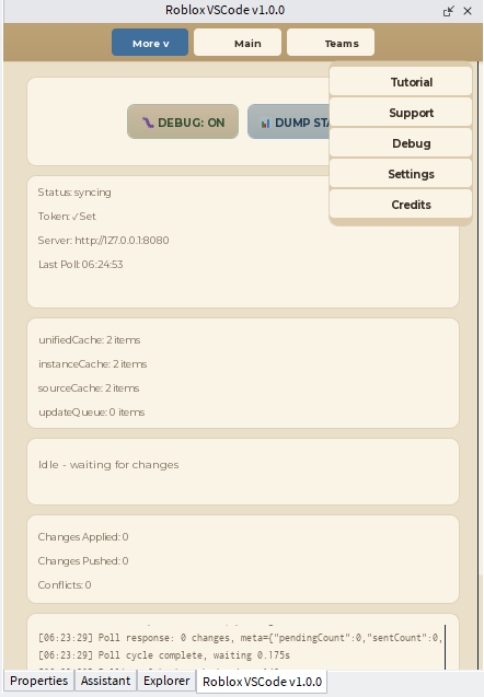 Studio plugin debug panel showing internal cache and poll state